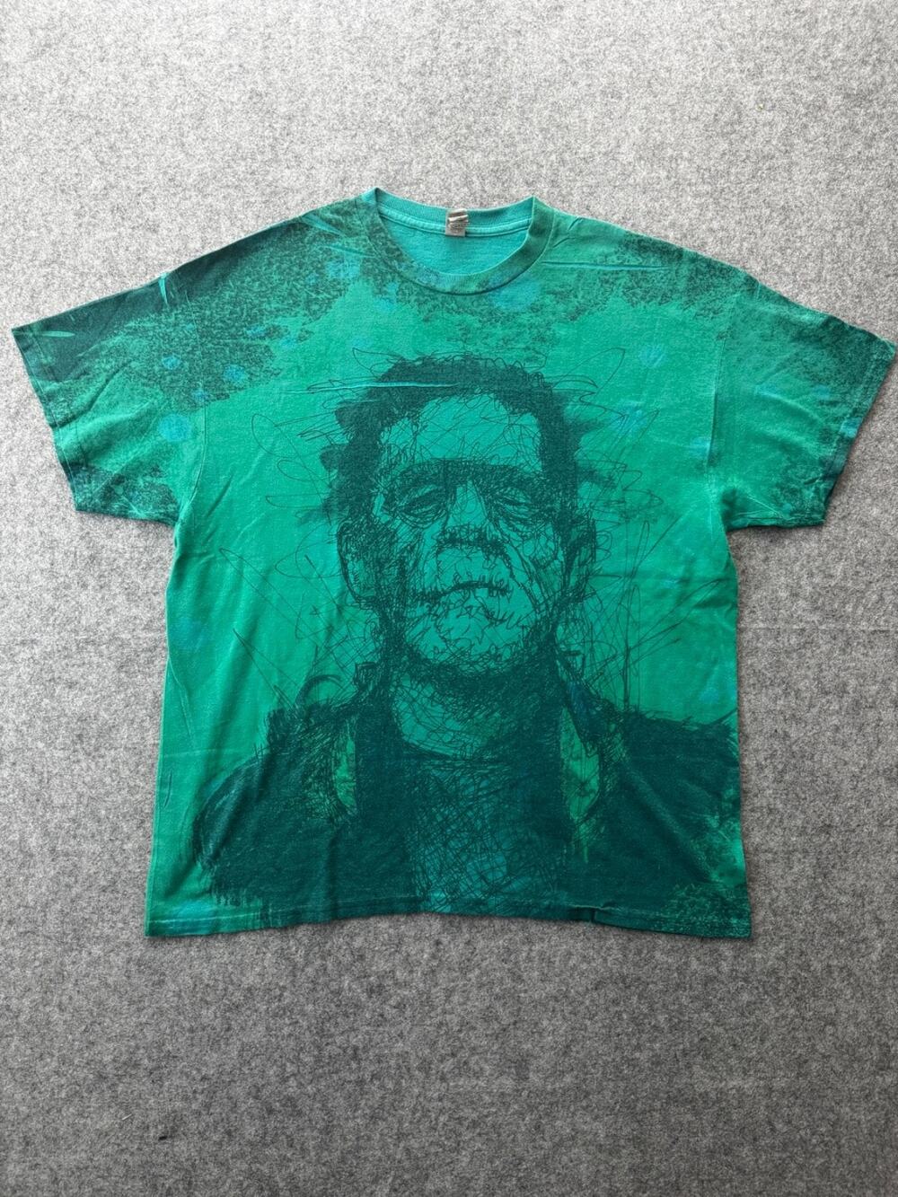 Frankenstein T Shirt XL Green AOP Scribble Sketch Horror Monster Graphic (S02)
